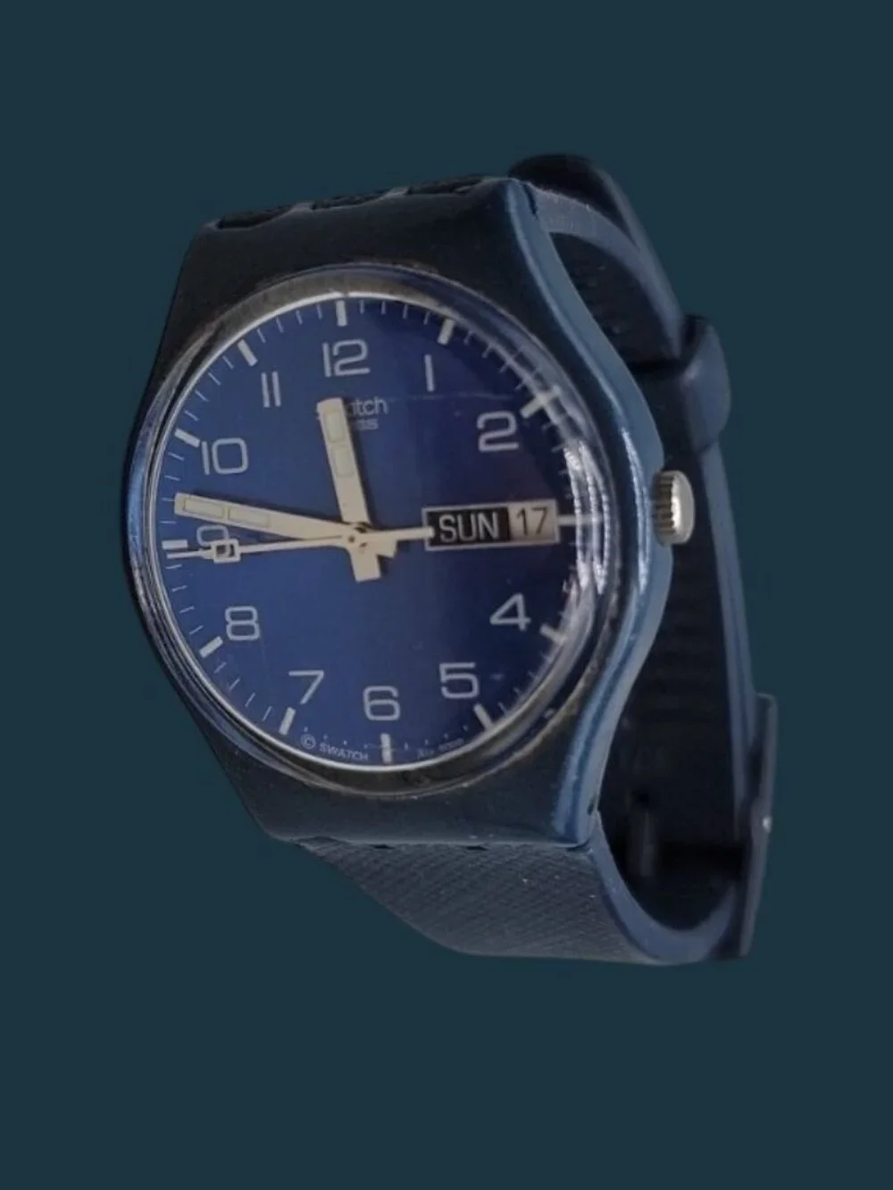 Vintage Swatch Gent Just Blue GN715 (2001) Swiss Quartz Watch Day/Date 34mm 7.5